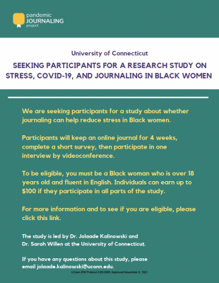 Recruitment flyer for Black Women, stress, & journaling  project